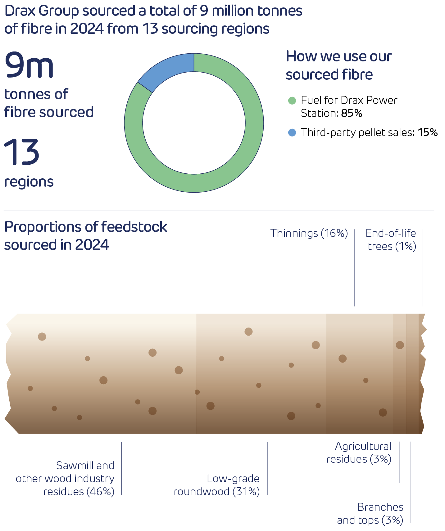Drax Group sourced a total of 9 million tonnes of fibre from 13 sourcing regions. 9m tonnes of fibre sourced. 13 regions. Fuel for Drax Power Station: 85%. Third-party pellet sales: 15%. Proportions of feedstock sourced in 2024. Thinnings: 16%. End-of-life trees: 1%. Sawmill and other wood industry residues: 46%. Low-grade roundwood: 31%. Agricultural residues: 3%. Branches and tops: 3%.