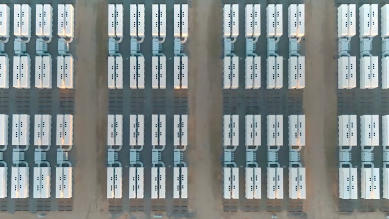 A battery storage facility taken from an aerial view