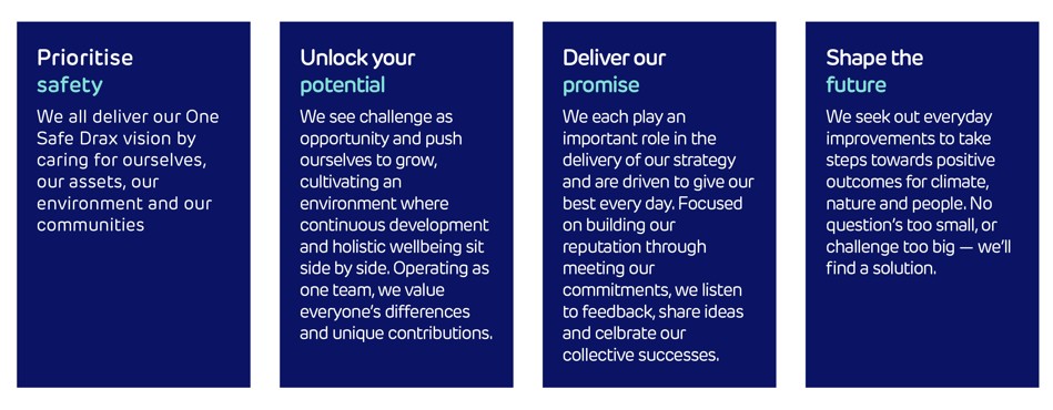 Prioritise safety: We all deliver our One Safe Drax vision by caring for ourselves, our assets, our environment and our communities.

Unlock your potential: We see challenges as opportunity and push ourselves to grow, cultivating an environment where continuous development and holistic wellbeing sit side by side. Operating as one team, we value everyone's differences and unique contributions.

Deliver our promise: We each play an important role in the delivery of our strategy and are driven to give our best every day. Focused on building our reputation through meeting our commitments, we listen to feedback, share ideas and celebrate our collective successes. 

Shape the future: We seek out everyday improvements to take steps towards positive outcomes for climate, nature and people. No question's too small, or challenge too big - we'll find a solution.