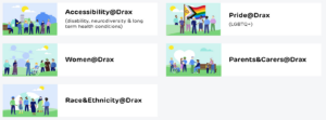 Colleague Resource Groups at Drax: Accessibility@Drax;  Pride@Drax; Women@Drax; Parent&Carers@Drax; Race&Ethnicity@Drax