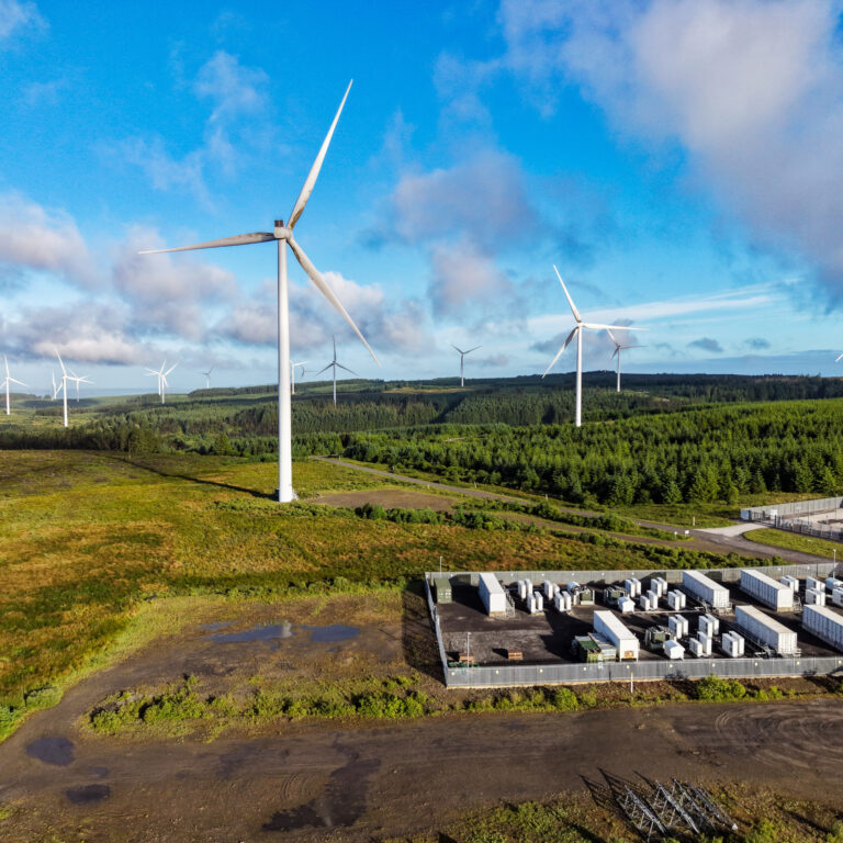 Battery energy storage site and wind turbines