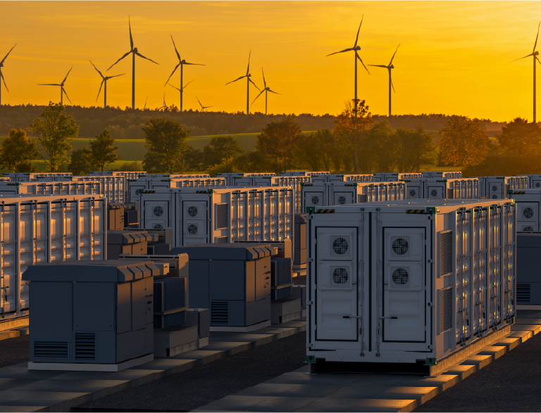 Battery energy storage site and wind turbines