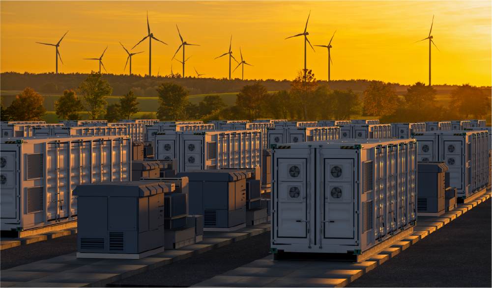 Battery energy storage site and wind turbines